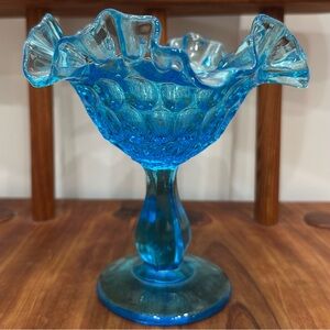 Vintage Fenton Thumbprint Colonial Blue Compote Dish